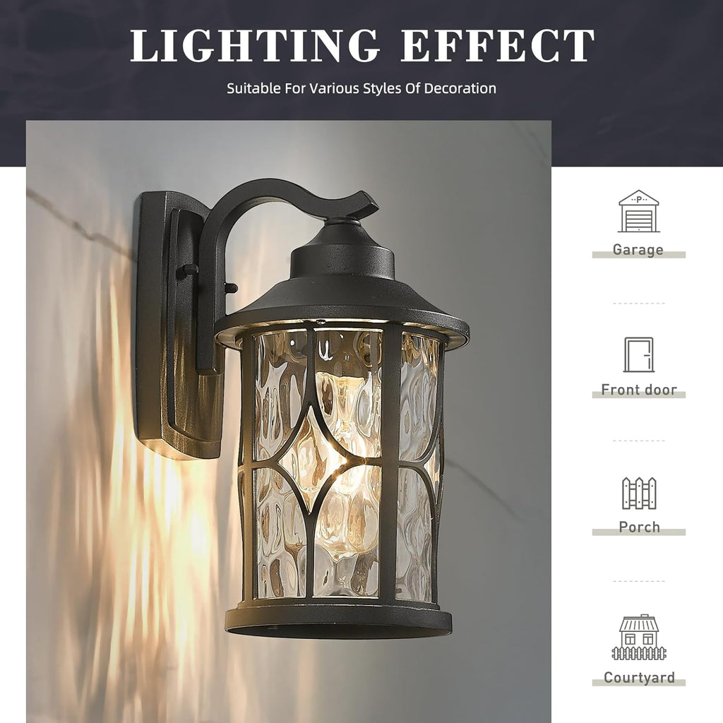 Modern Outdoor Wall Lights, 12 Inch Exterior Wall Lantern, Cast Aluminum with Water Ripple Glass, Black Finish