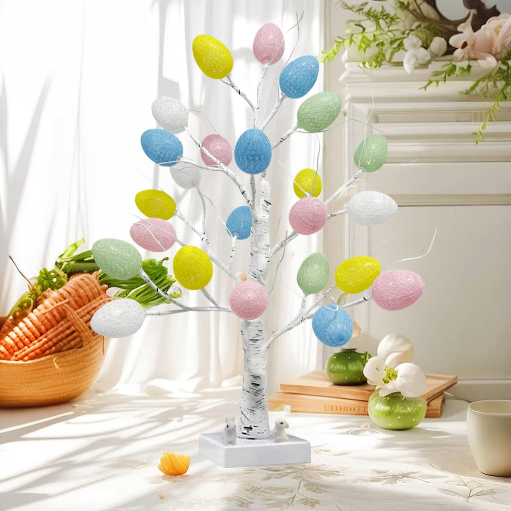 Easter Decorations,Pre-Lit Artificial Easter Egg Tree with LED Lights,2FT Lighted Birch Tree,Light up Tree Lamp
