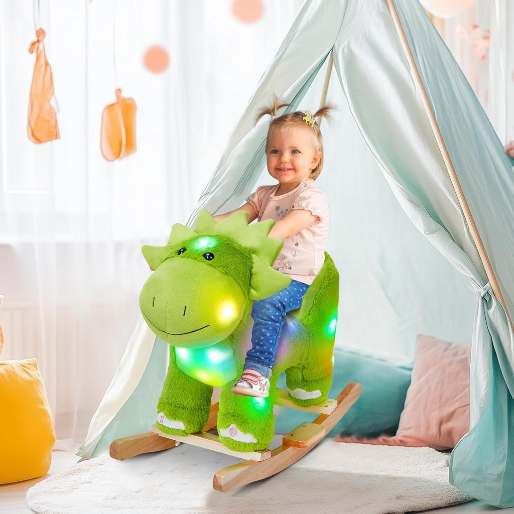 Light up Music Dinosaur Rocking Horse Stuffed Animal Set of 2 with Glowing Singing Dinosaur Plush Toy Wooden Chair