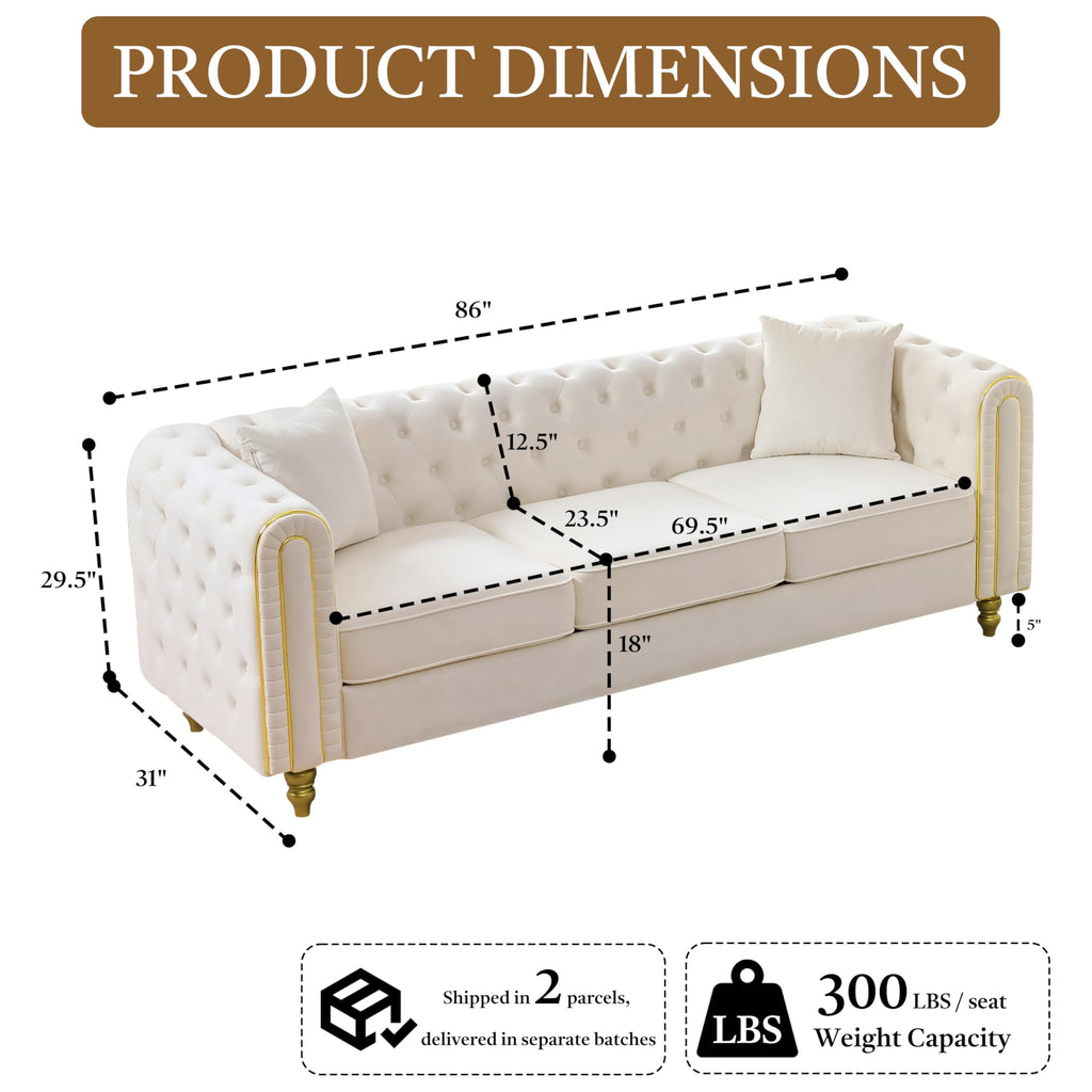 Chesterfield 86" 3-Seater White Sofa Sets, 3+2-Seater Couch Comfy Sofa, Button Tufted Rolled Arms and Gold Legs for