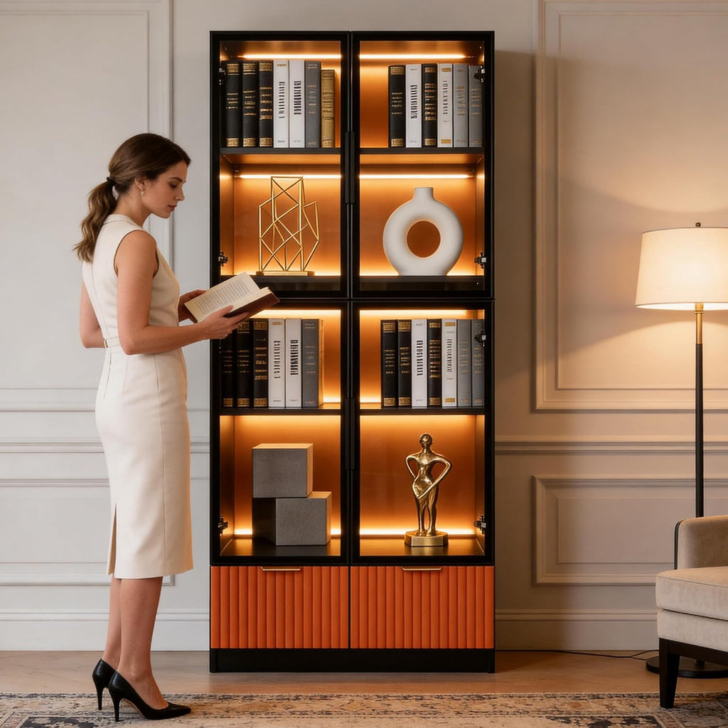 Black Display Cabinet, 67-Inch High Bookcase, Multi-Colored LED Ambient Lighting, 4-Tier Large Storage Space, 2 Large