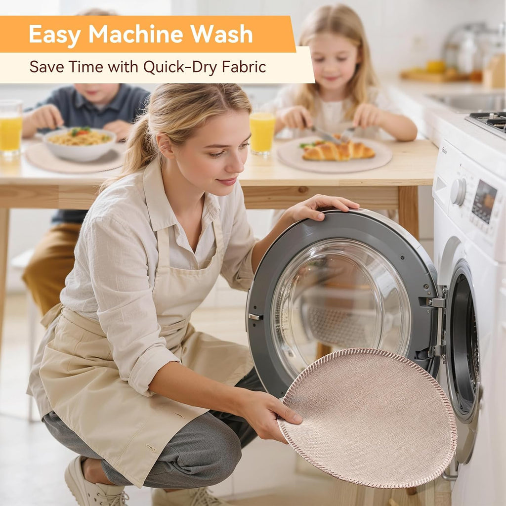Round Placemats - Machine Washable Linen-Like Cloth Place Mats & Heat-Resistant for Dining Table - Set of 8