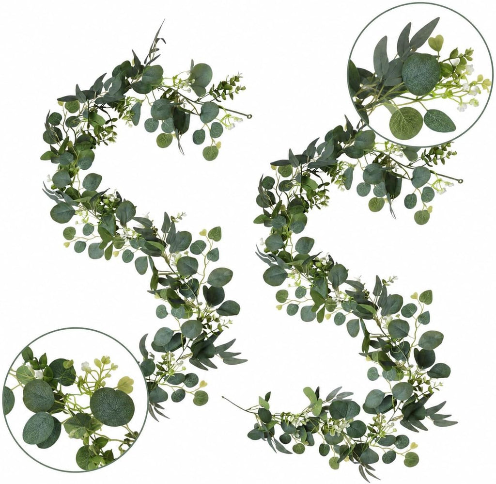FEET Artificial Eucalyptus Garland Faux Silk Leaf Silver Dollar Eucalyptus Leaves Vines Handmade Garland - Set of 2