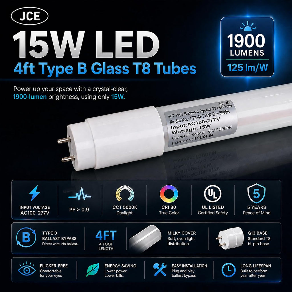 4FT T8 LED Bulbs,15W (32W Fluorescent Equivalent),5000K Daylight,1900LM,Ballast Bypass Type B,48 Inch Tube Light