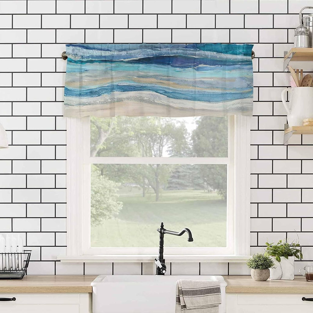 Coastal Beach Valances - Navy Blue Kitchen Curtains - Abstract Blue Wave Window Treatment - Modern Ombre Valances