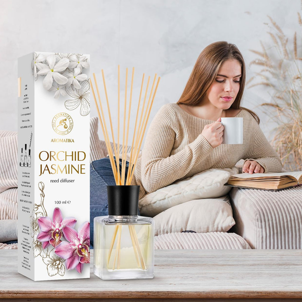 Reed Diffuser Orchid-Jasmine 3.4 Fl Oz - Fresh & Long Lasting Fragrance - Gift Set with 10 Bamboo Sticks - Good for
