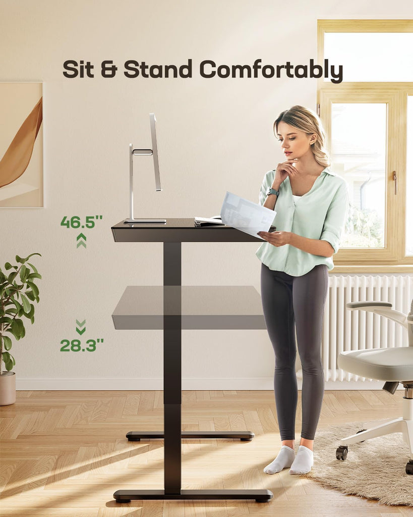 Glass Standing Desk with Drawer, 48 x 24 inch Electric Standing Desk, Height Adjustable Desk with One-Piece Tabletop