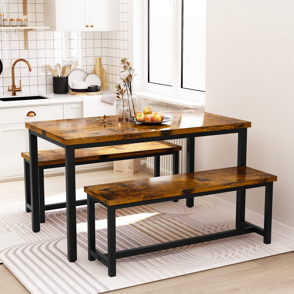 Dining Table Set for 4, Kitchen Table and Chairs for 4, Faux Marble Dining Room Table with 2 Benches, Space Saving