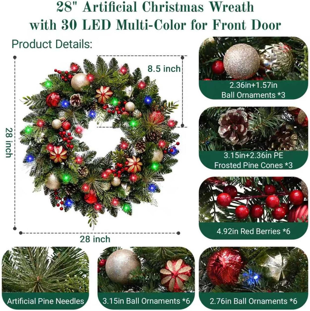 Lighted Christmas Wreath 28'' Artificial with 30 LED Multi-Color