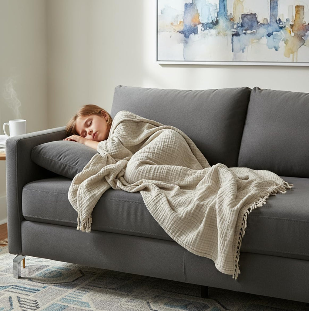 100% Organic Cotton Throw Muslin Blanket, 50"x60", Oatmeal Khaki