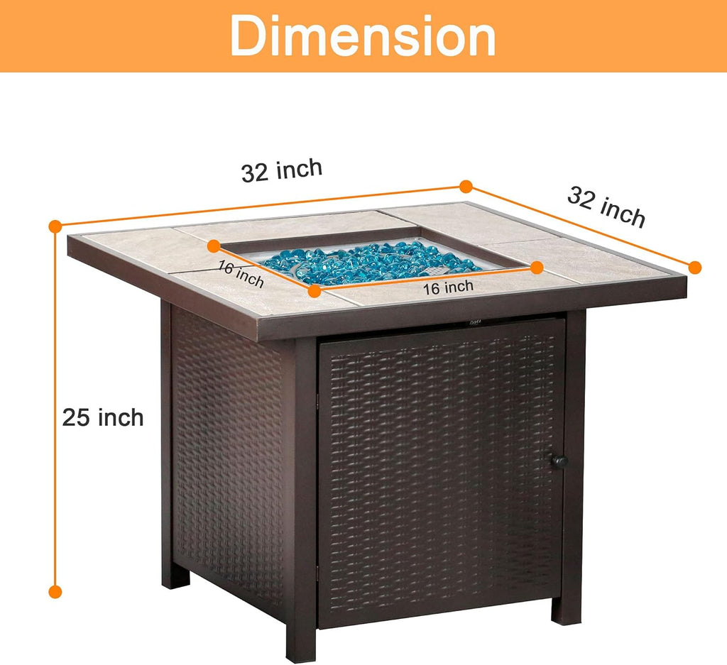 Propane Gas Fire Pit Table 32 inch 50,000 BTU Square Gas Firepits for Outside, Brown