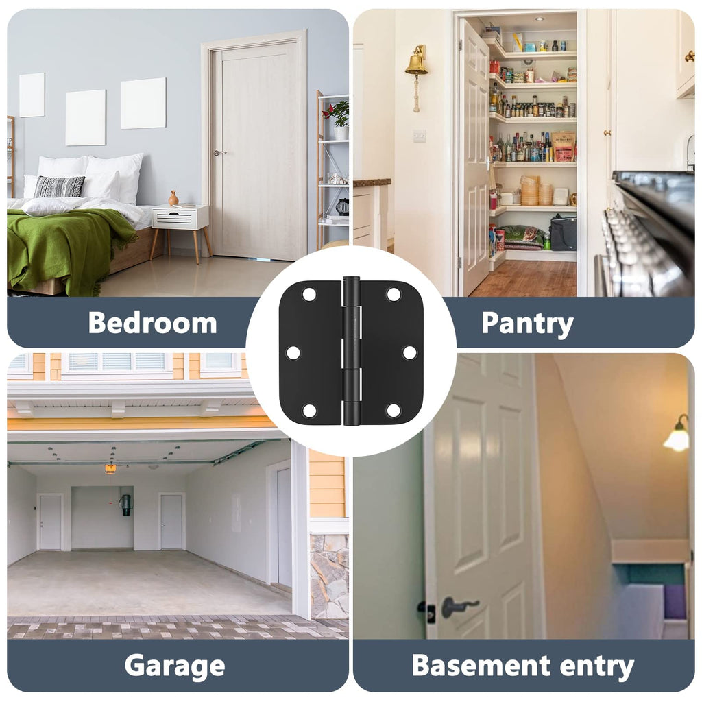 42 Pack 3.5 Inch Matte Black Door Hinges 5/8" Radius Corner, Flat Iron Residential Hardware for Interior Bedroom