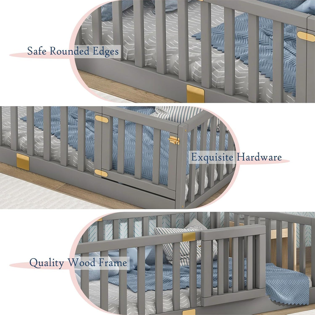 Twin Montessori Floor Bed with High Rails, Solid Wood Montessori Bed Frame for Kids, Door Can Install Left and Right