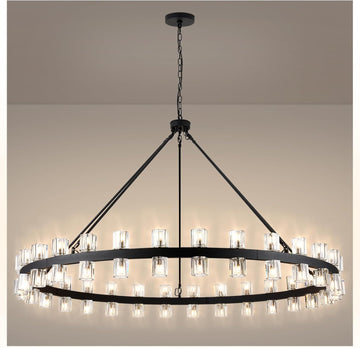 60 Inch Black Wagon Wheel Chandelier with Crystal Shade, 60 Lights, Modern Farmhouse Style, Ideal for Dining Room, Kitchen, Entryways A117-B0DQXV9RKZ