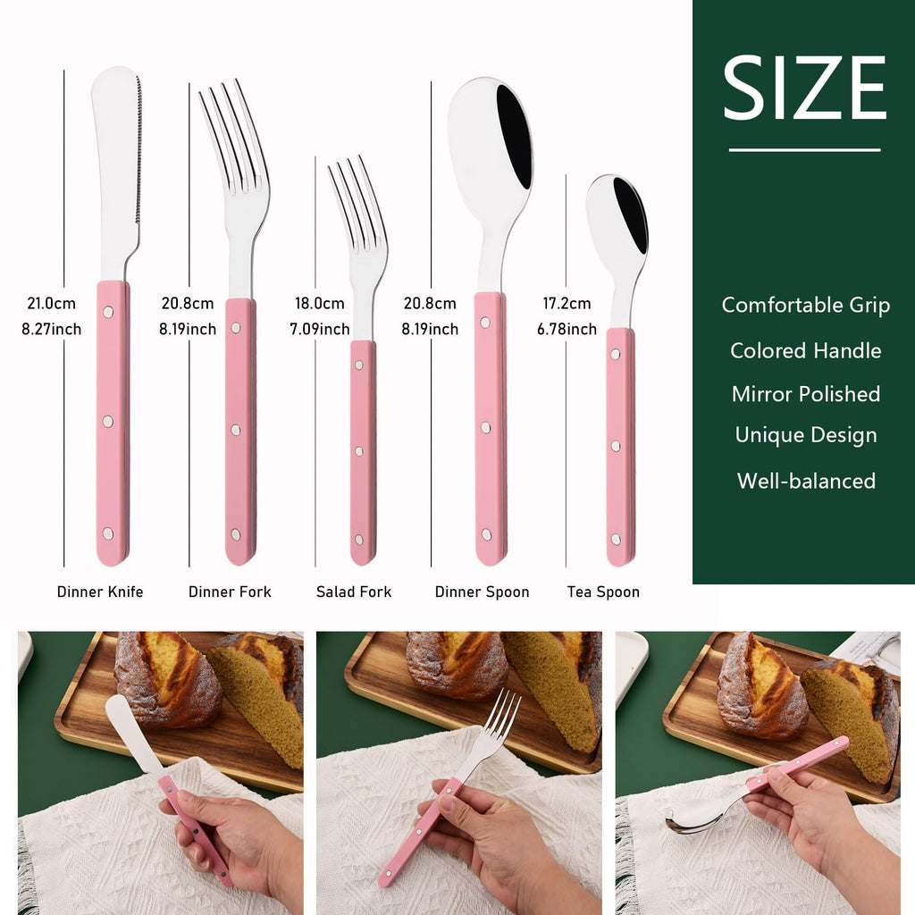20 PCS Stainless Steel Flatware Set for 4, Silverware Set with Colored Handles, Retro Style Forks Spoons and Knives