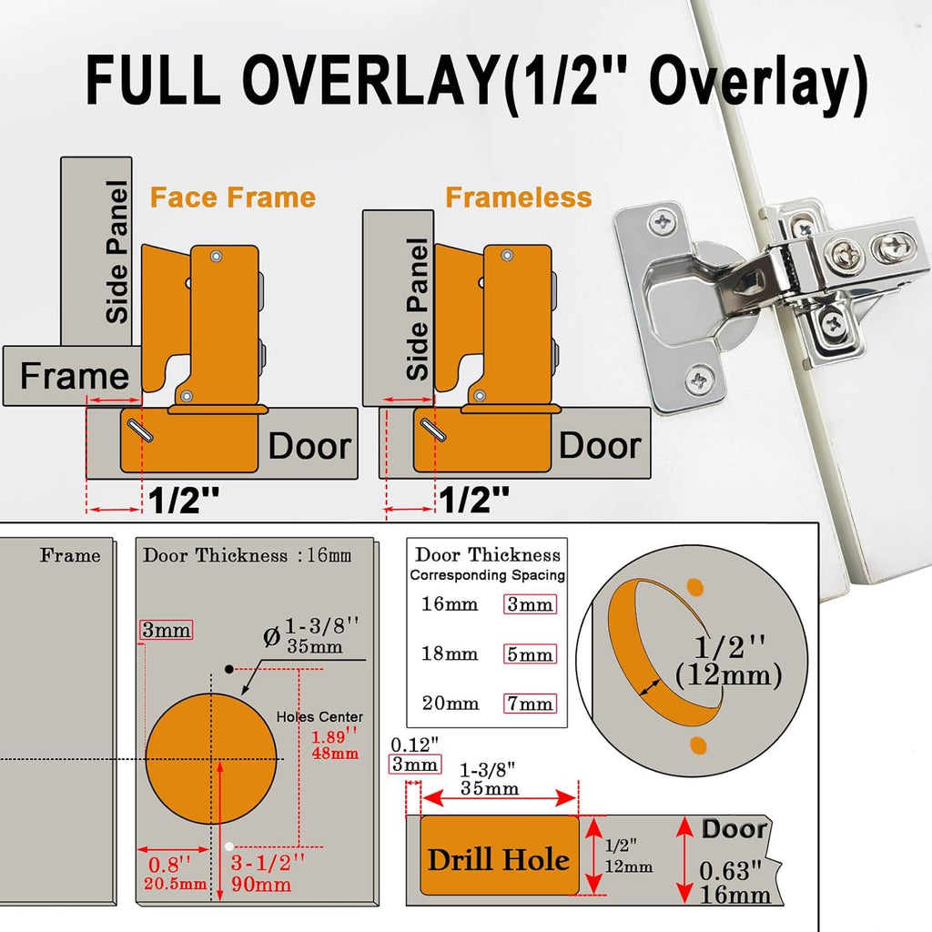 24 Pack 1/2 inch Overlay Soft Close Cabinet Door Hinges Hinges, 100 Degree Opening Angel, Stainless Concealed Kitchen