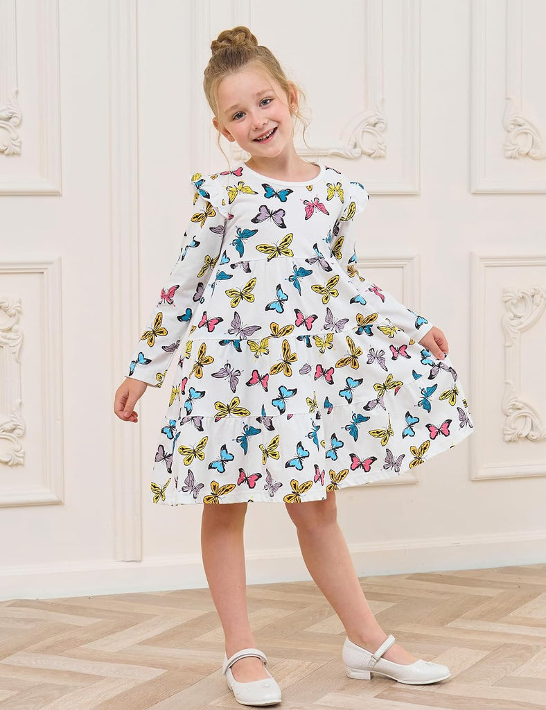 Girl's Dresses Cotton Ruffle Sleeve Tiered Swing A-Line Cute Midi Casual Sundress