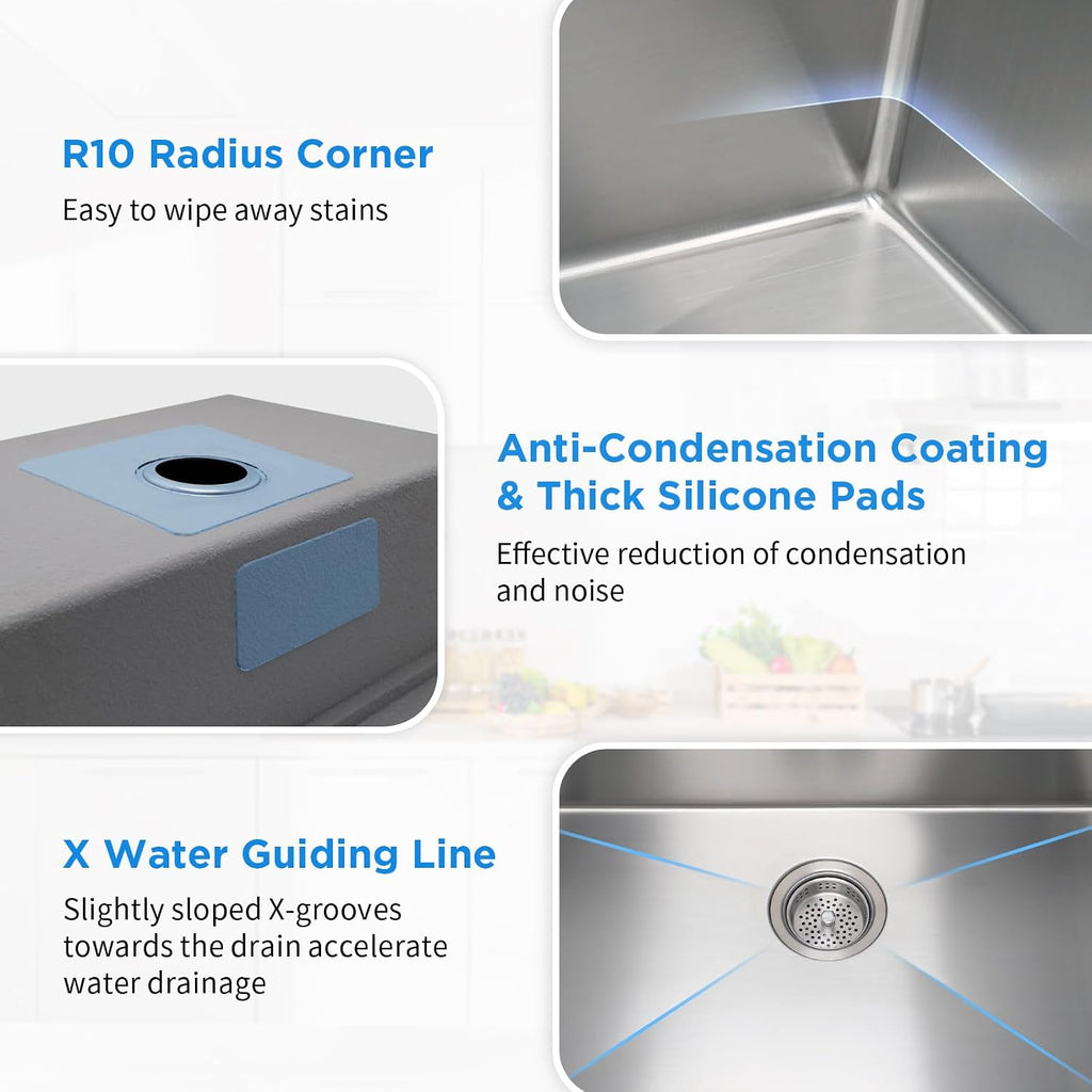 32 Inch Undermount Kitchen Sink - 11 Gauge (3mm) Stainless Steel, Single Bowl with Integrated Ledge, Superior Drain
