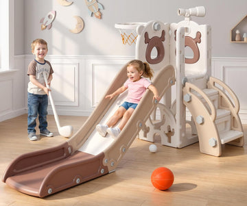 7 in 1 Toddler Slide, Kids Slide for Toddlers1-3,Beige & Rosy Brown