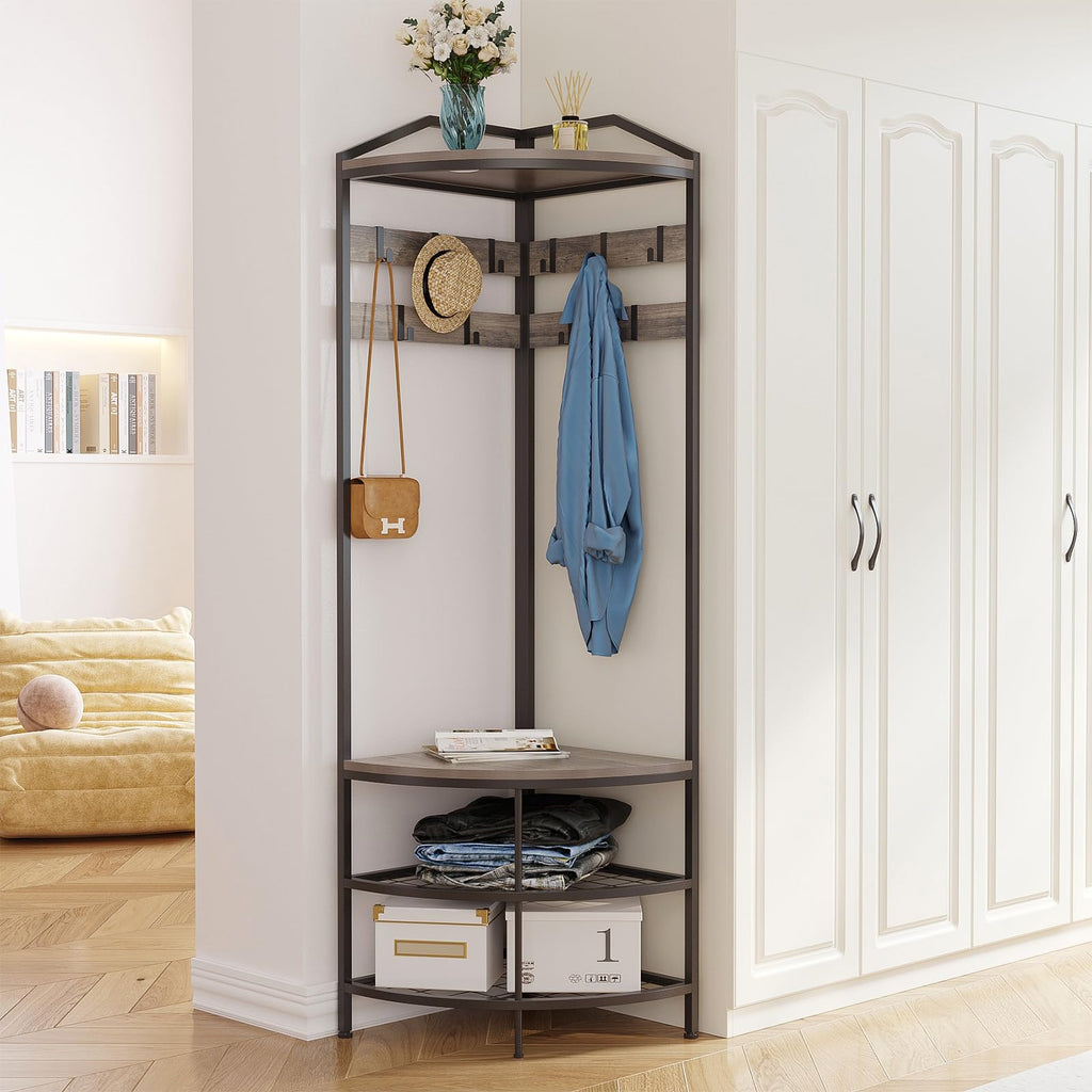 Grey Corner Hall Tree with Shoe Bench Entryway Coat Rack with 10 Metal Movable Hooks Rustic Farmhouse Floorstanding