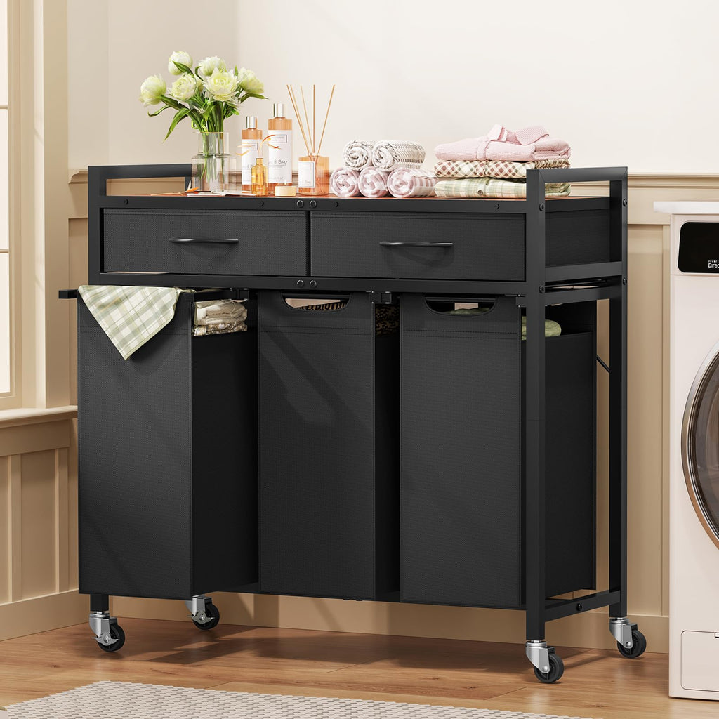 Sorter 3 Section, 120 L Laundry Hamper with 2 Drawers & 2-tone Top Panel, Rolling Laundry Basket Organizer with