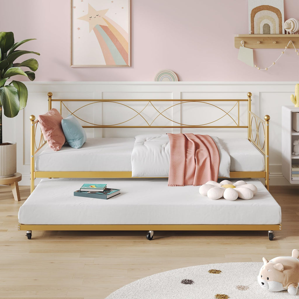 Metal Twin daybed with Trundle with Steel Slat Support