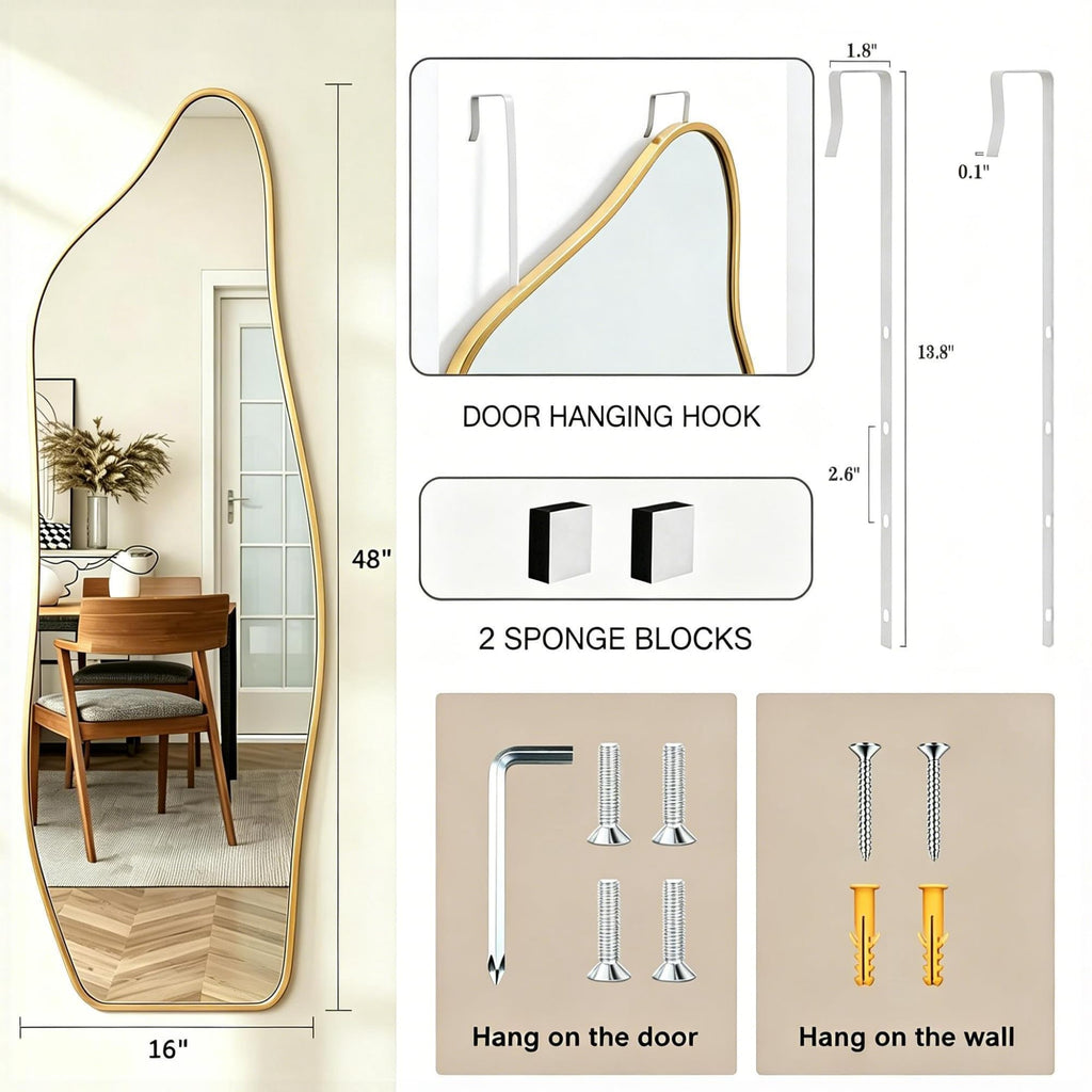 48"x16" Full Length Door Mirror, Dolphin Hanging Mirror, Gold
