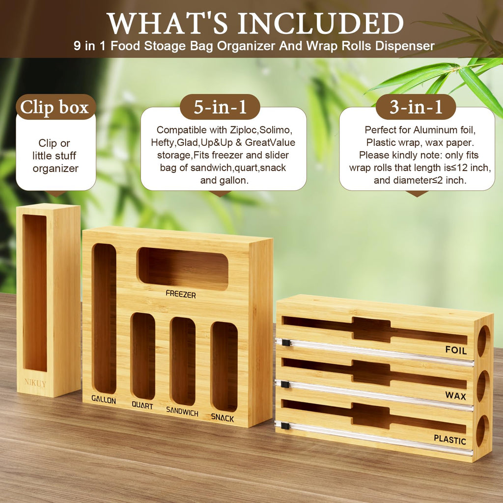 9 IN 1 Bamboo Foil and Plastic Wrap Organizer Drawer, Plastic Bag Organizer Organization and Storage, Food Storage