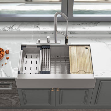 36" x 20" x 10" Farmhouse Apron Single Bowl Workstation Kitchen Sink with 16 Gauge 304 Stainless Steel