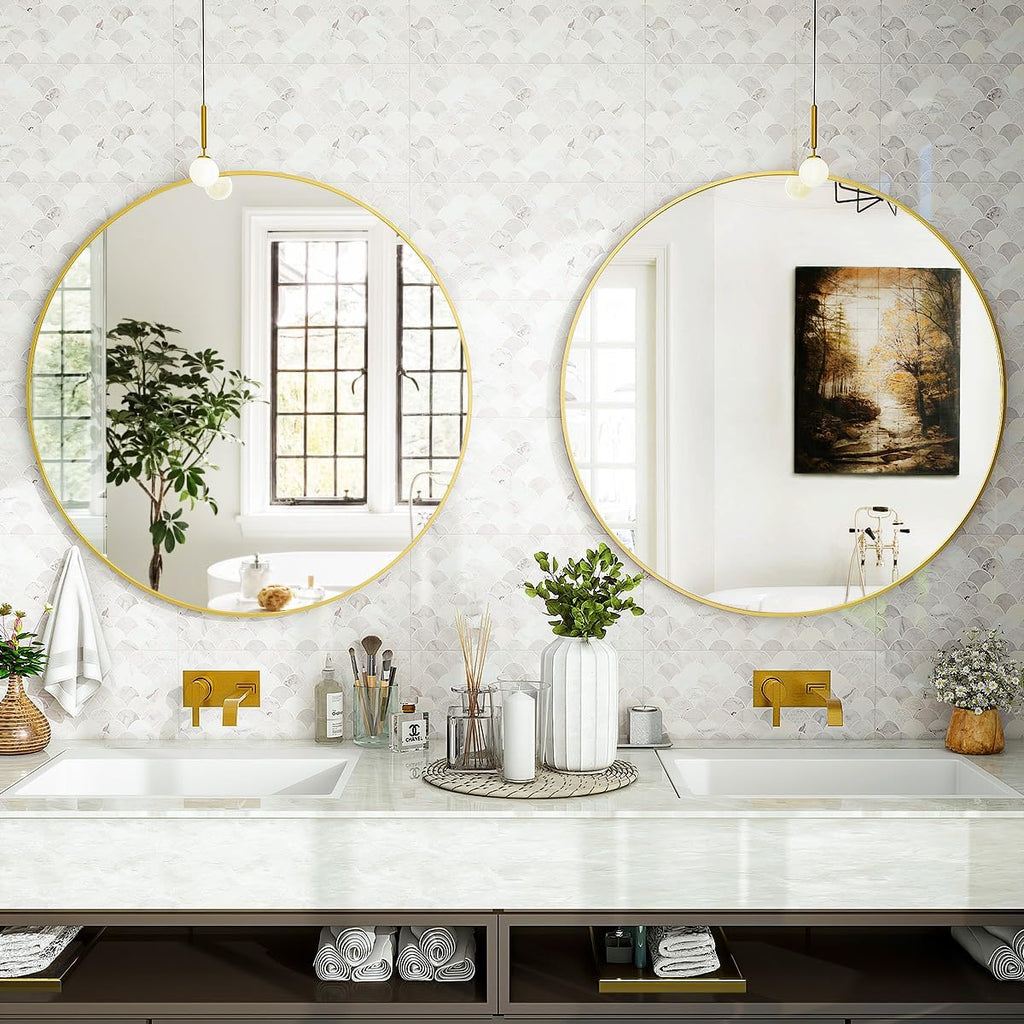 Gold Round Bathroom Mirror 24", Thin Metal Frame Wall Mirror