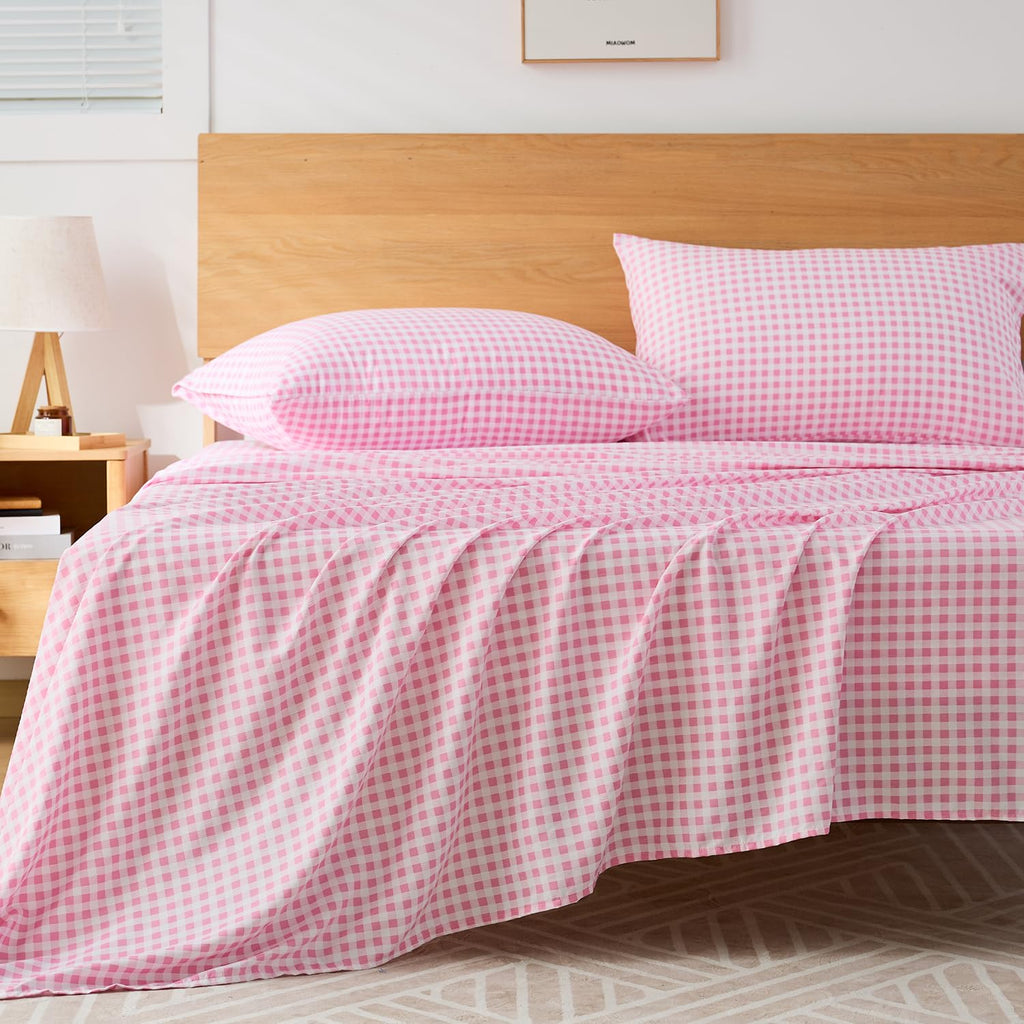 Pink Gingham Sheet Set, 4-Piece Soft Brushed Microfiber Bed Sheets - 16" Deep Pocket Fitted Sheet, Wrinkle &