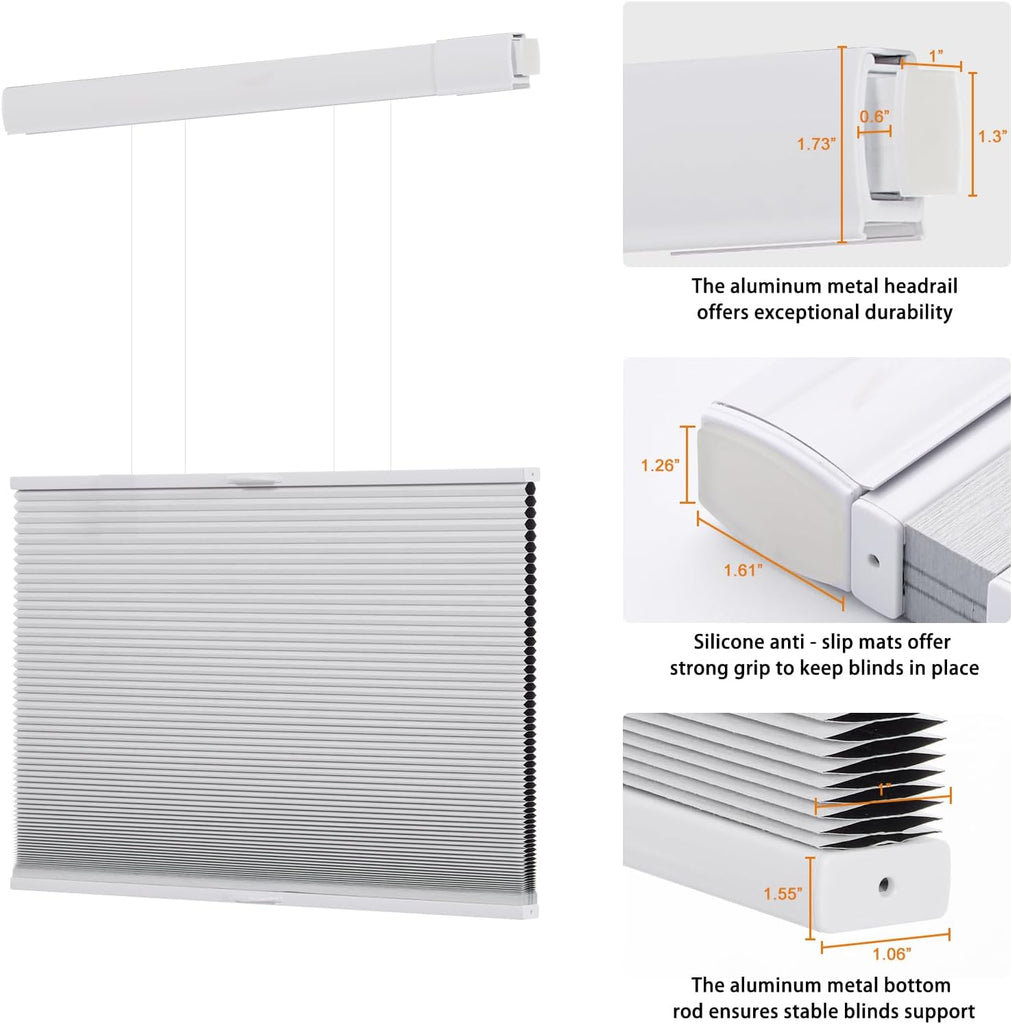 No Drill Blackout Cellular Shades for Windows,White | Top Down Bottom Up Honeycomb No Tools Cordless Blinds,Easy to