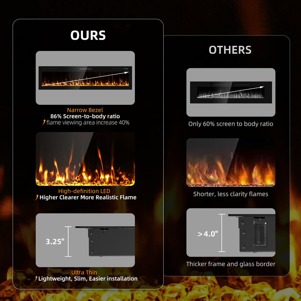 2025Newly Upgraged 72 inch Ultra Thin Electric Fireplace Inserts and Wall Mounted with Remote Control & Touch Screen