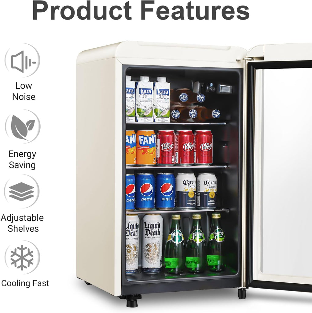 Retro Beverage Refrigerator Cooler, 3.2 Cu.ft Mini Fridge with Glass Door for So