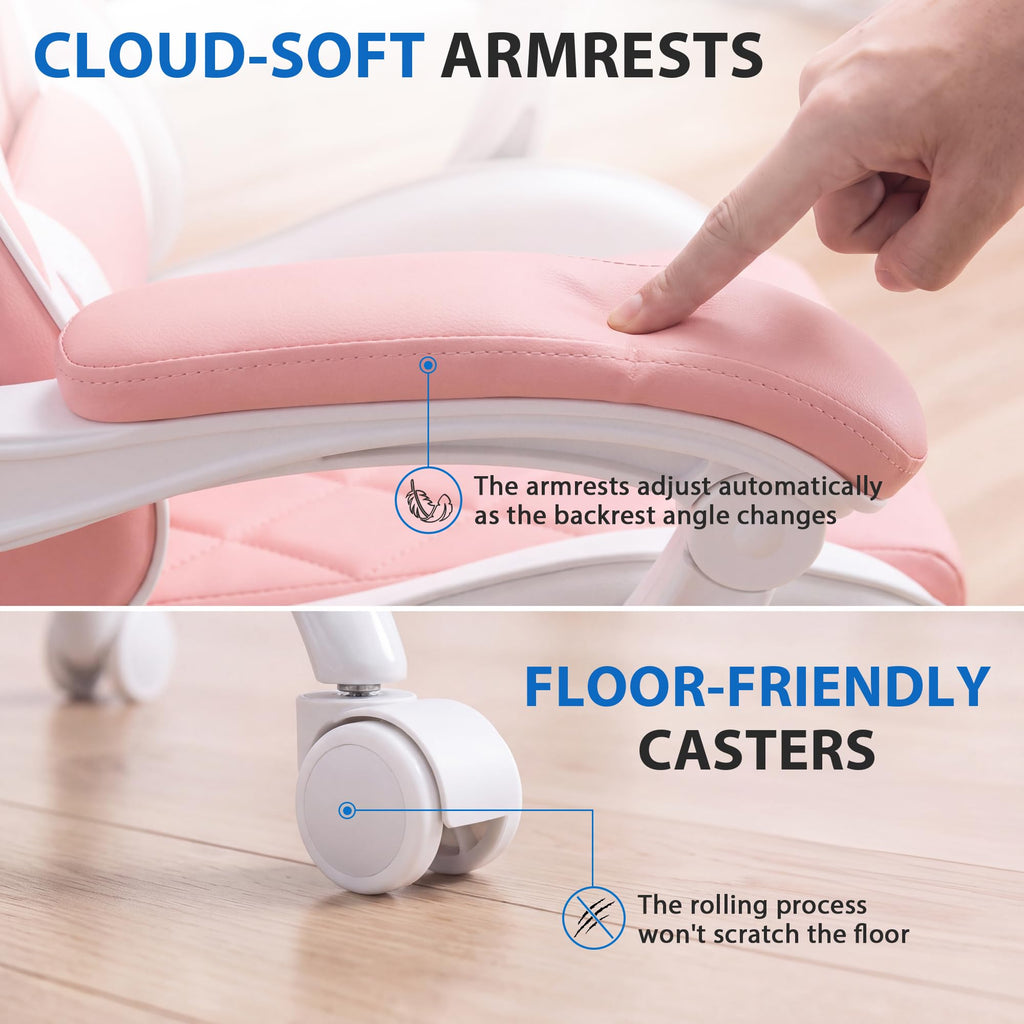 Ergonomic Gaming Chair Footrest & Massage Lumbar Support, Pink