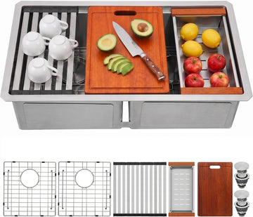 Double Undermount Kitchen Sinks 30 Inch, 16 Gauge T304 Stainless Steel Sink | 30" x 18" x 10" Deep Large Workstation