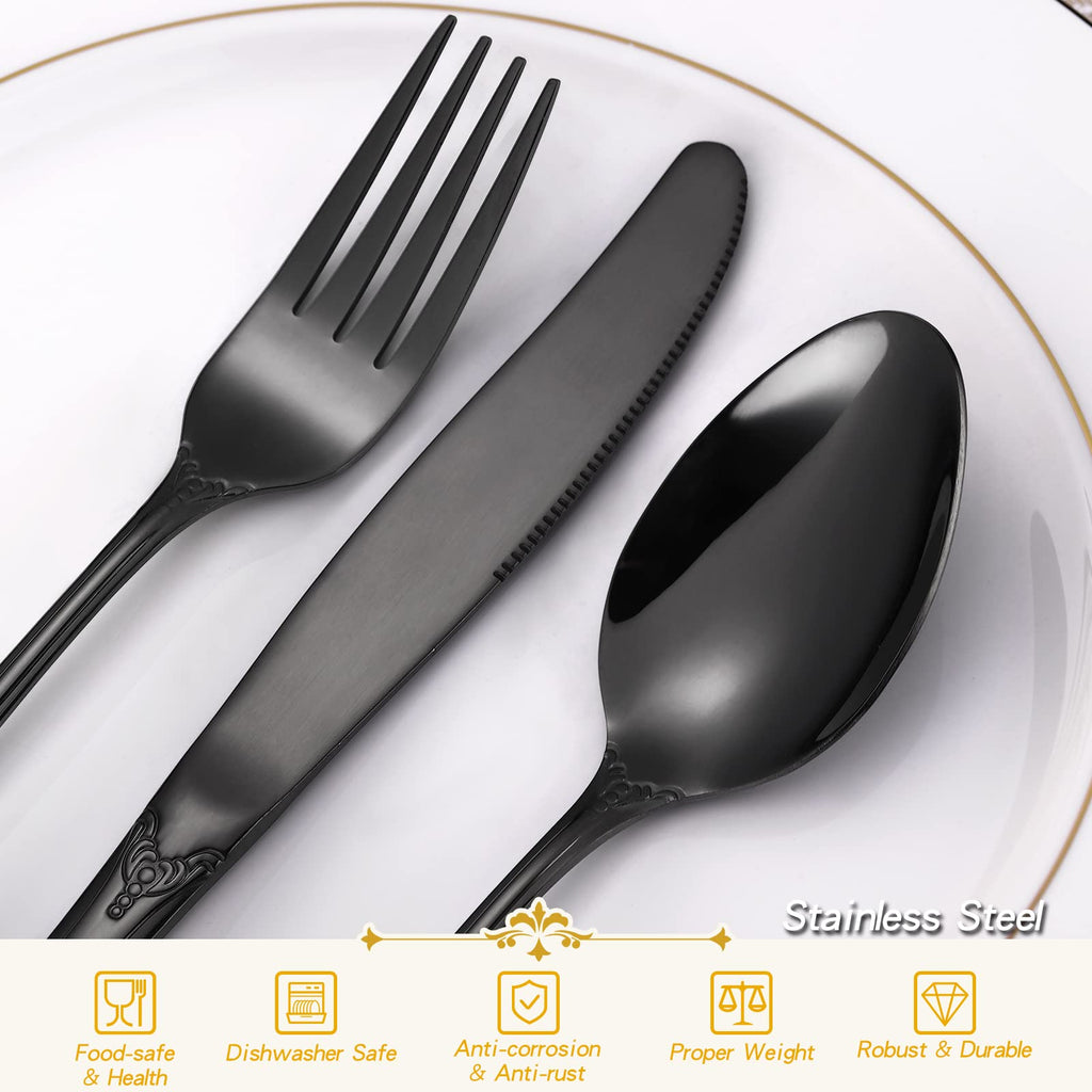 Gorgeous Retro Royal Black Silverware Set For 8, 40 Pieces Flatware Service 8, Stainless Steel Anti-rust Dark Fine