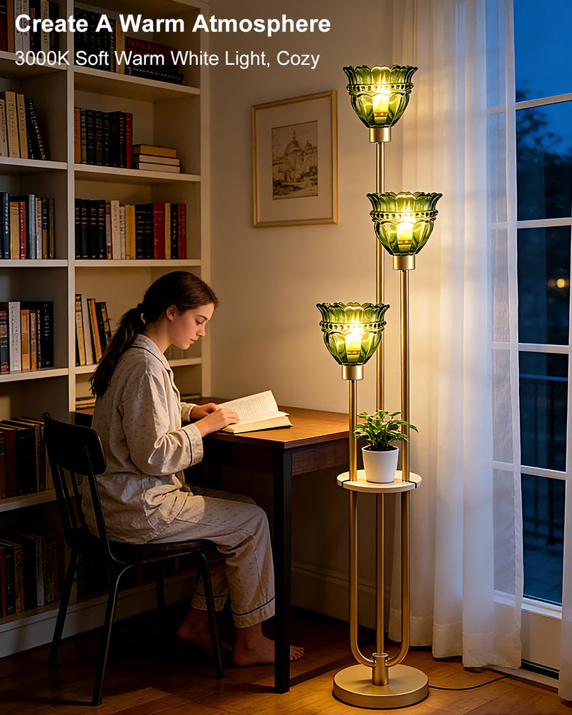 3-Light Green Tulip Glass Floor Lamp with Side Table, Mid Century Modern Gold Tall Standing Lamp, 3000K Warm White