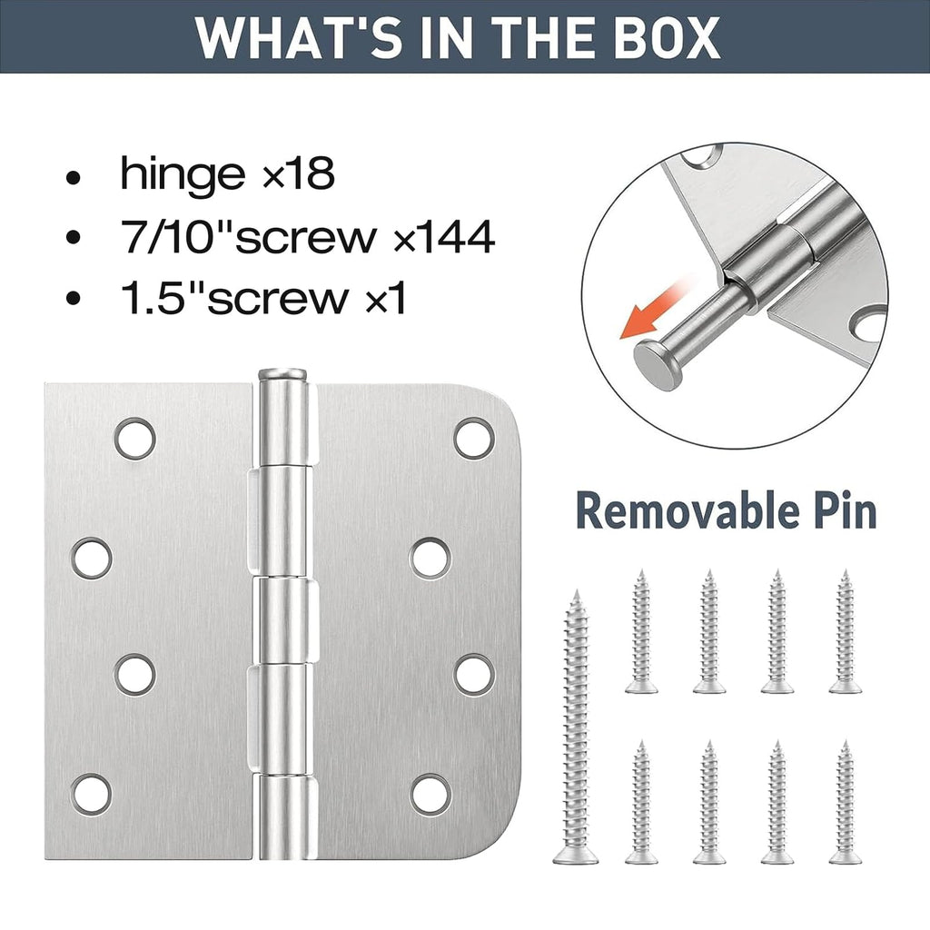 18 Pack 4" x 4" Brushed Nickel Exterior Door Hinges, 5/8" Radius