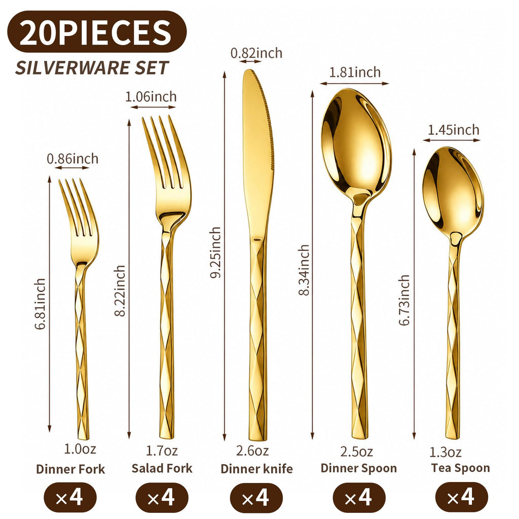 20-Piece Gold Silverware Set Flatware Set for 4 Modern Cutlery Set