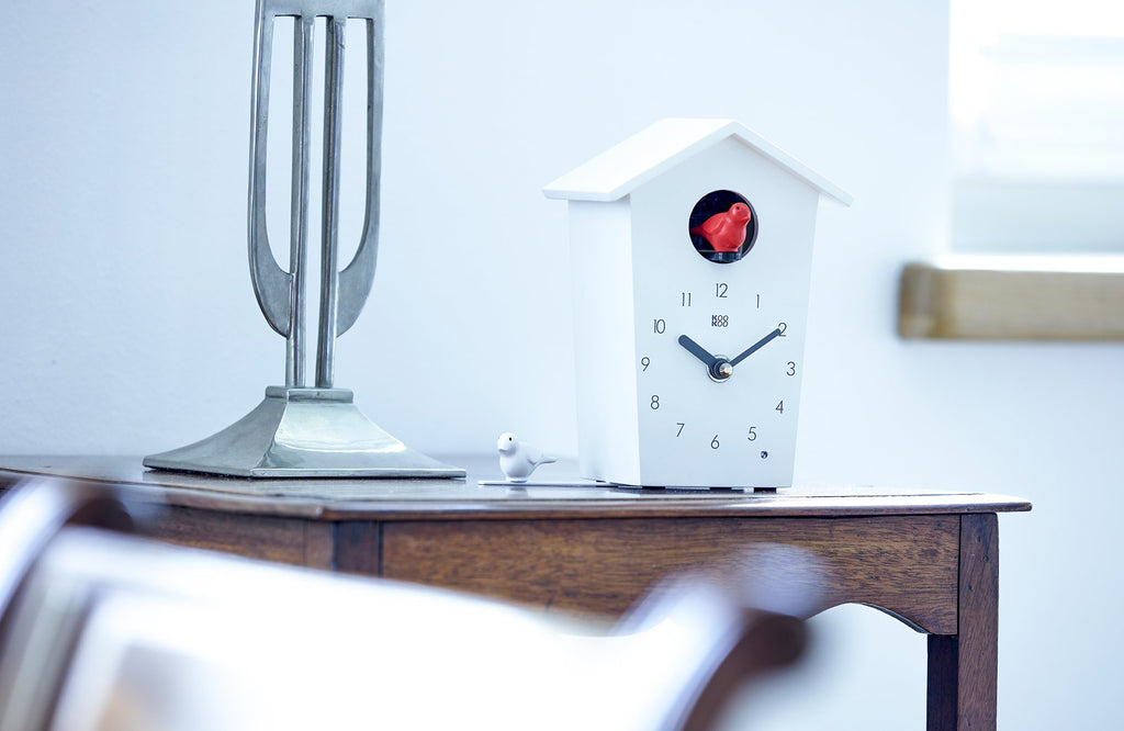 Birdhouse Mini White, Tiny Modern Cuckoo Clock with 12 Natural Bird Songs or Cuckoo Call