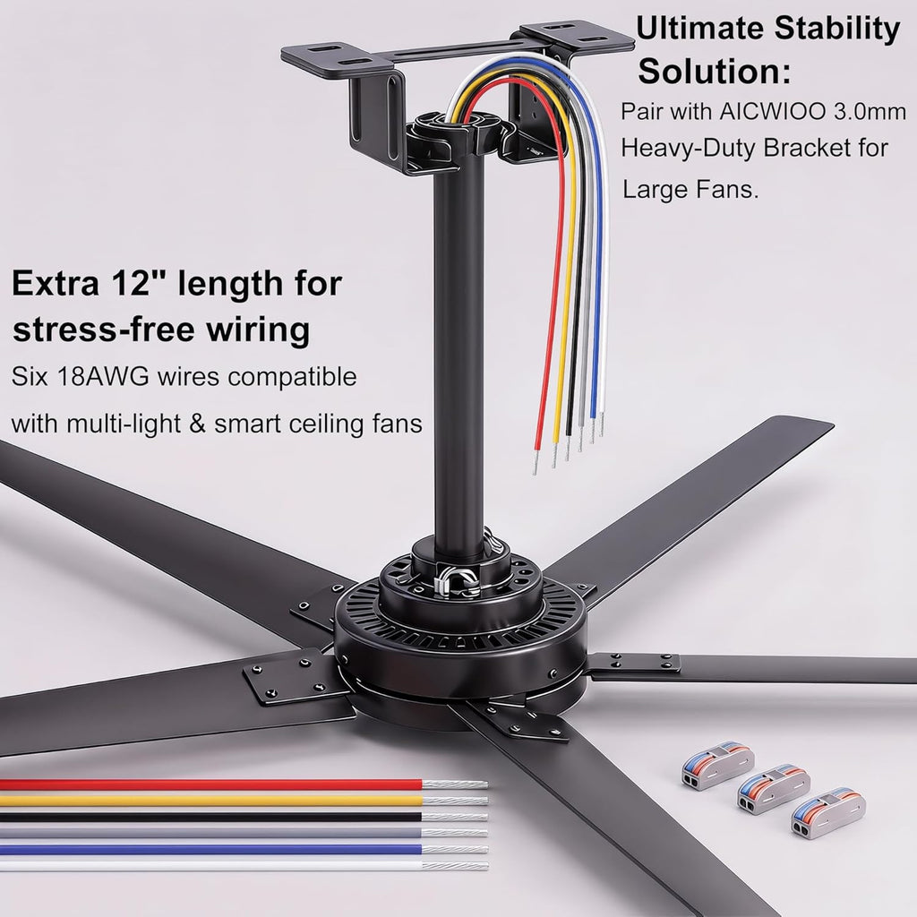48 Inch Matte Black Ceiling Fan Downrod with 60" Extension Wires, 1" OD Universal Threadless Extension Pole