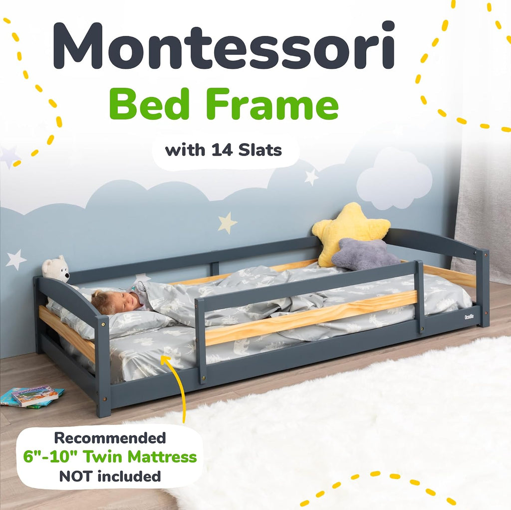Twin Floor Bed with Safety Guardrails for Kids, Montessori Inspired with Rails and 2 Openings, Twin Size Bed Frame