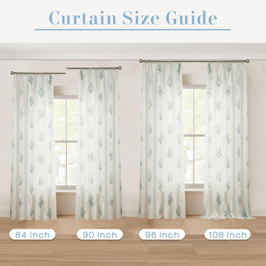 Pinch Pleated Floral Linen Curtains, 108 Inch Floor to Ceiling Pleat Drapes for Track System, 9FT Long Semi Sheer