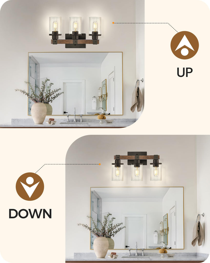 3-Light Bathroom Light Fixture, Farmhouse Vanity Lights with Glass Shade, Rustic Bathroom Light Fixtures, E26 Base