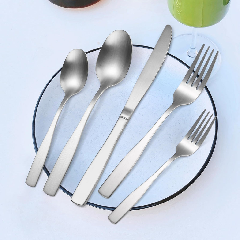 Silver Matte Silverware Square Handle 30 pieces Stainless Steel Cutlery Set for 6 Tableware Modern Eating Utensils