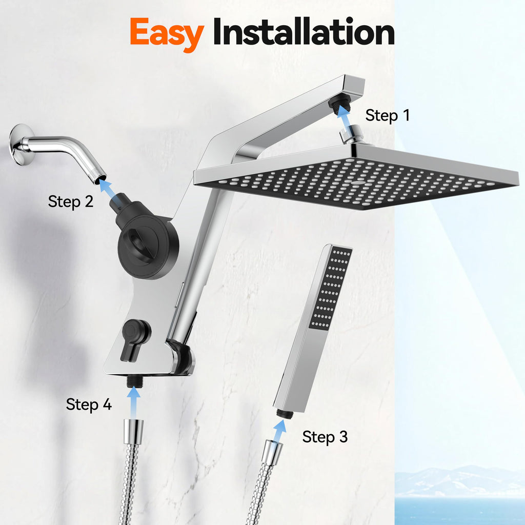 Filtered Rain Shower Head with Handheld Combo High Pressure 12'' Rainfall Shower Heads & Hidden Detachable Wand Dual