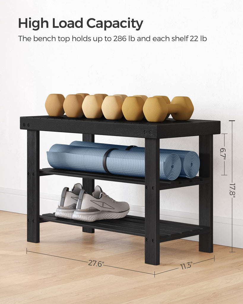 Shoe Rack Bench, 3-Tier Bamboo Entryway Bench, 27.6 Inches Width