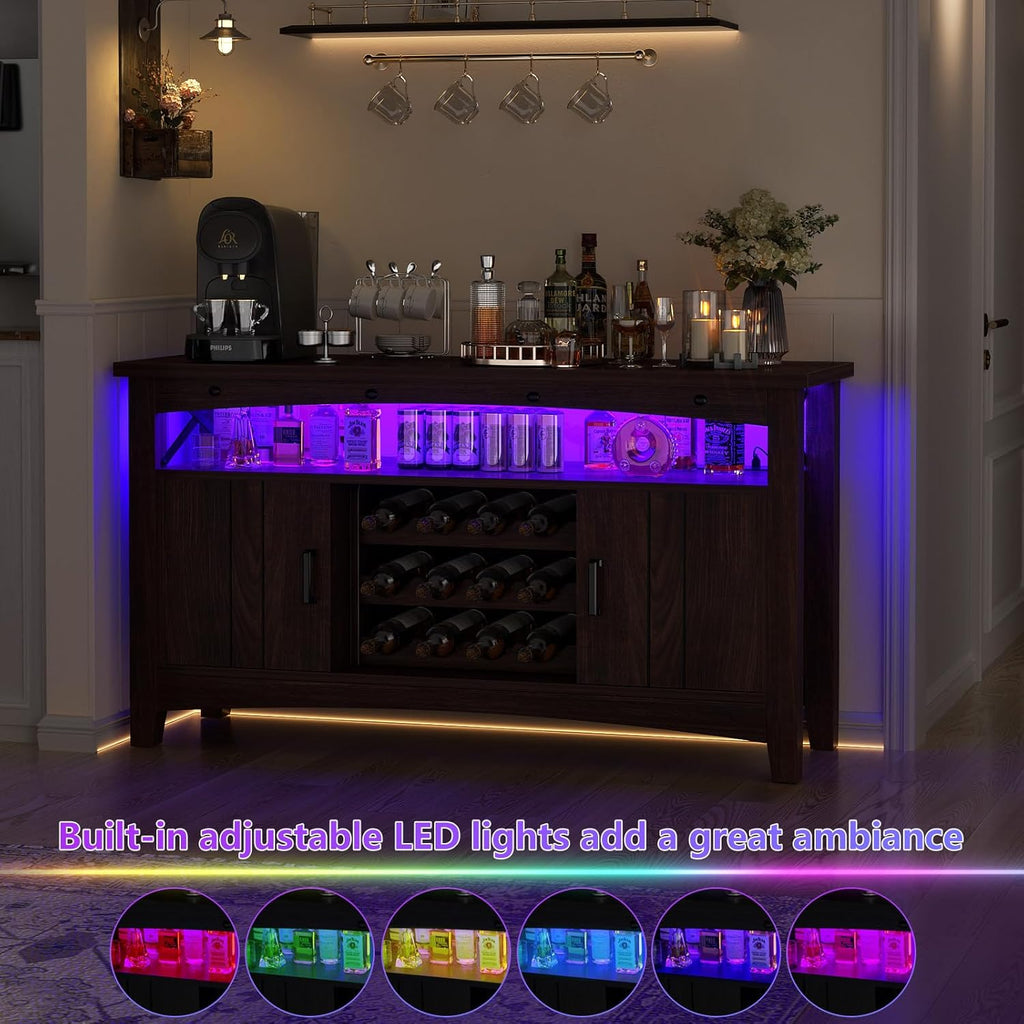 Farmhouse Coffee Bar Cabinet, Liquor Cabinet Bar , Wine Bar Cabinet with LED Lights and Outlets,Wine Cabinet with