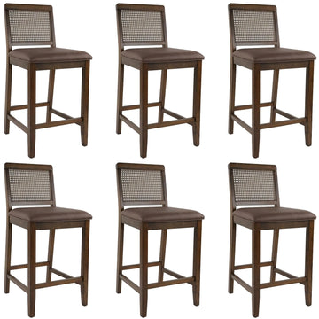 26" Rattan Bar Stools Set of 6, Farmhouse Faux Leather Upholstered Counter Height Stools with Cane Woven Back